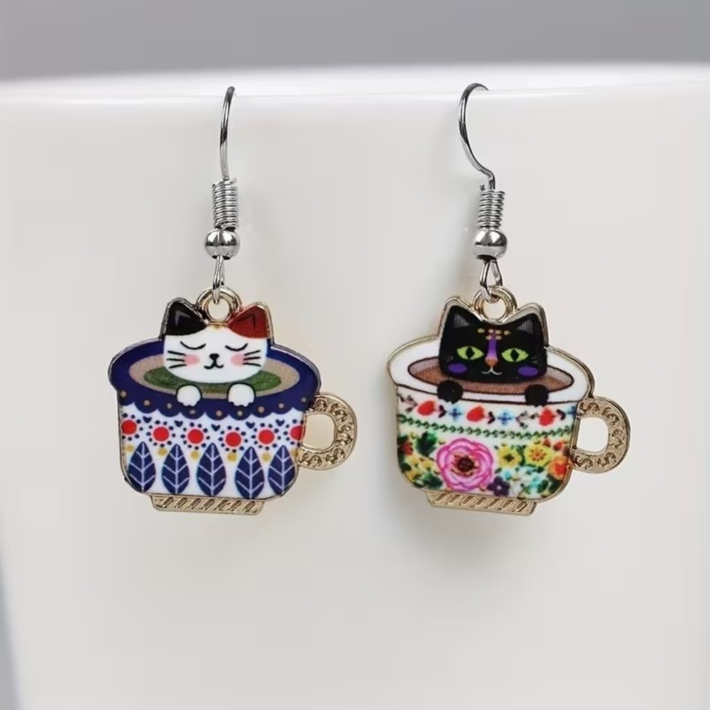 Mismatched Enamel Cat in Teacup Drop Earrings Gold Tone Blue Floral Feline Hooks